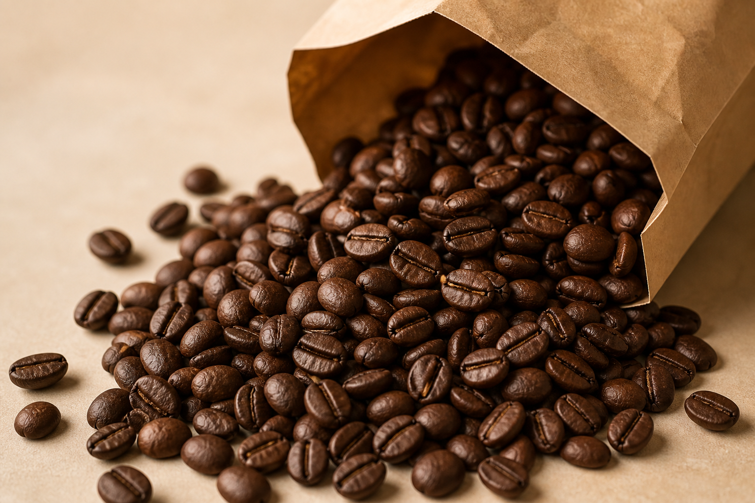 Dark roasted coffee beans spilling from a kraft bag