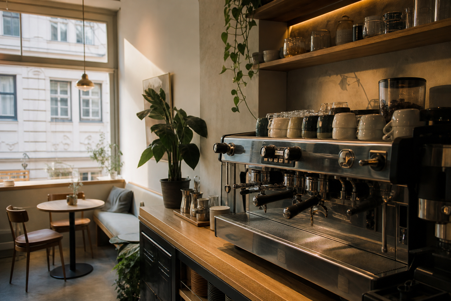 Specialty coffee bar with espresso machine and warm seating in Cork
