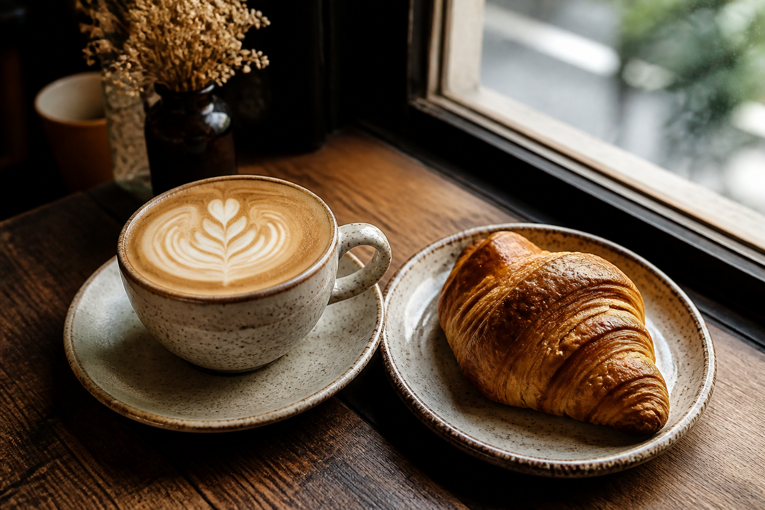 Latte with rosetta art beside a fresh croissant