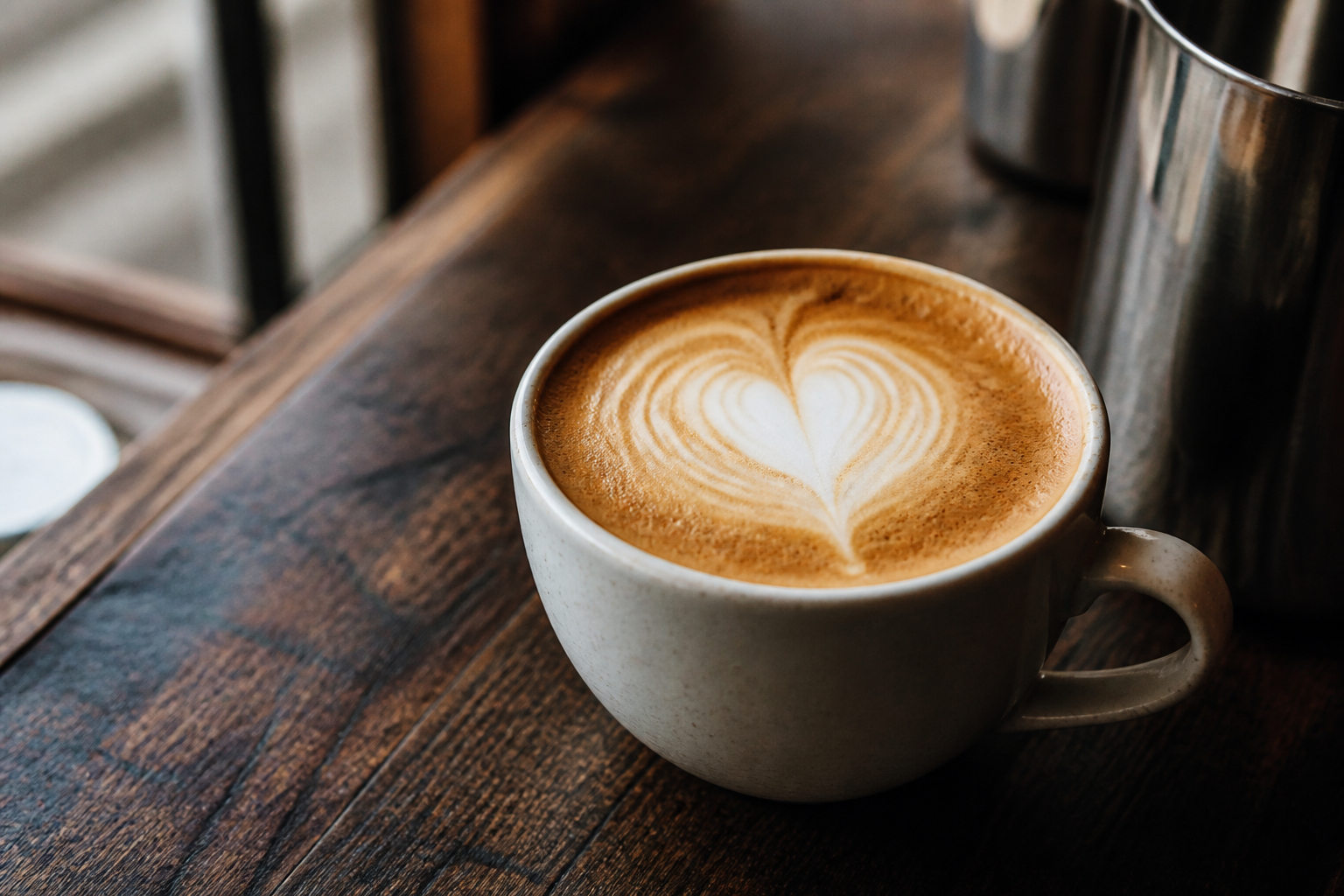 Latte with heart art in a speckled ceramic mug