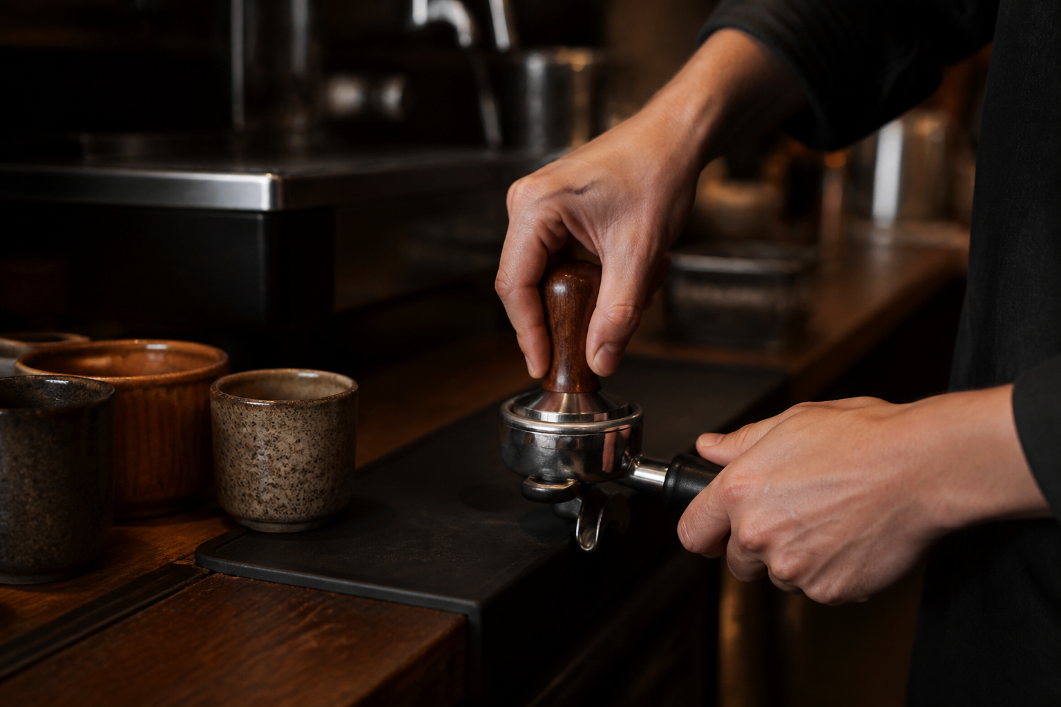 Barista tamping espresso grounds in a portafilter