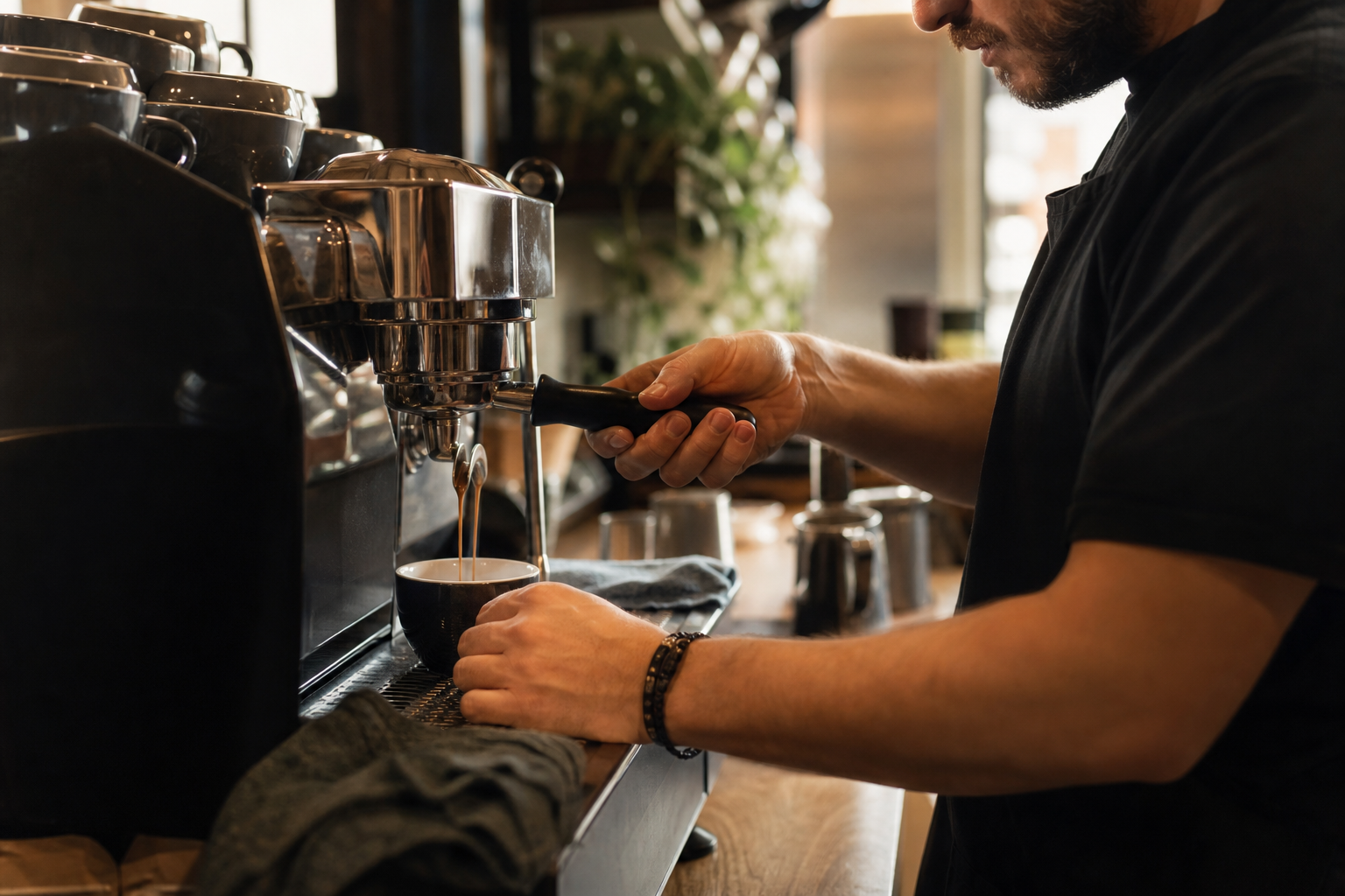 Barista preparing espresso at the machine