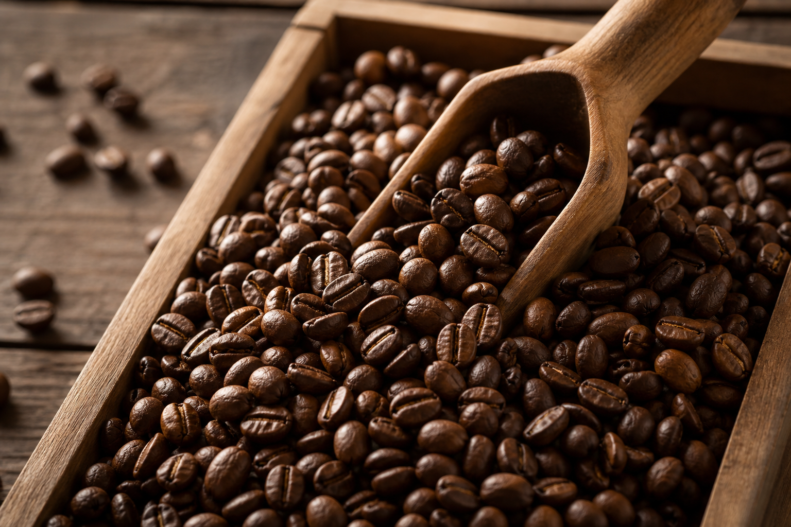 Whole specialty coffee beans on a dark surface