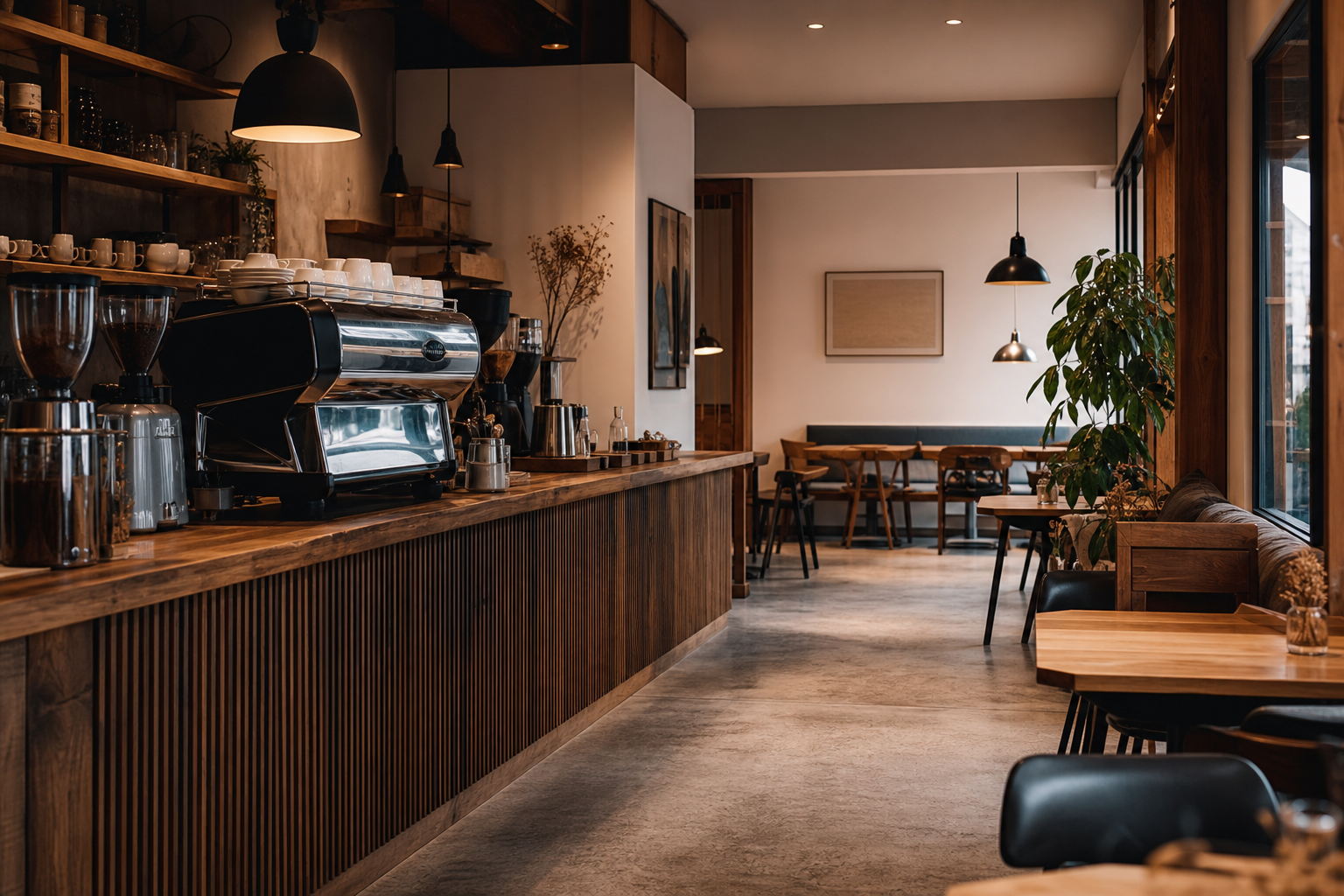 Warm café interior with espresso bar and seating