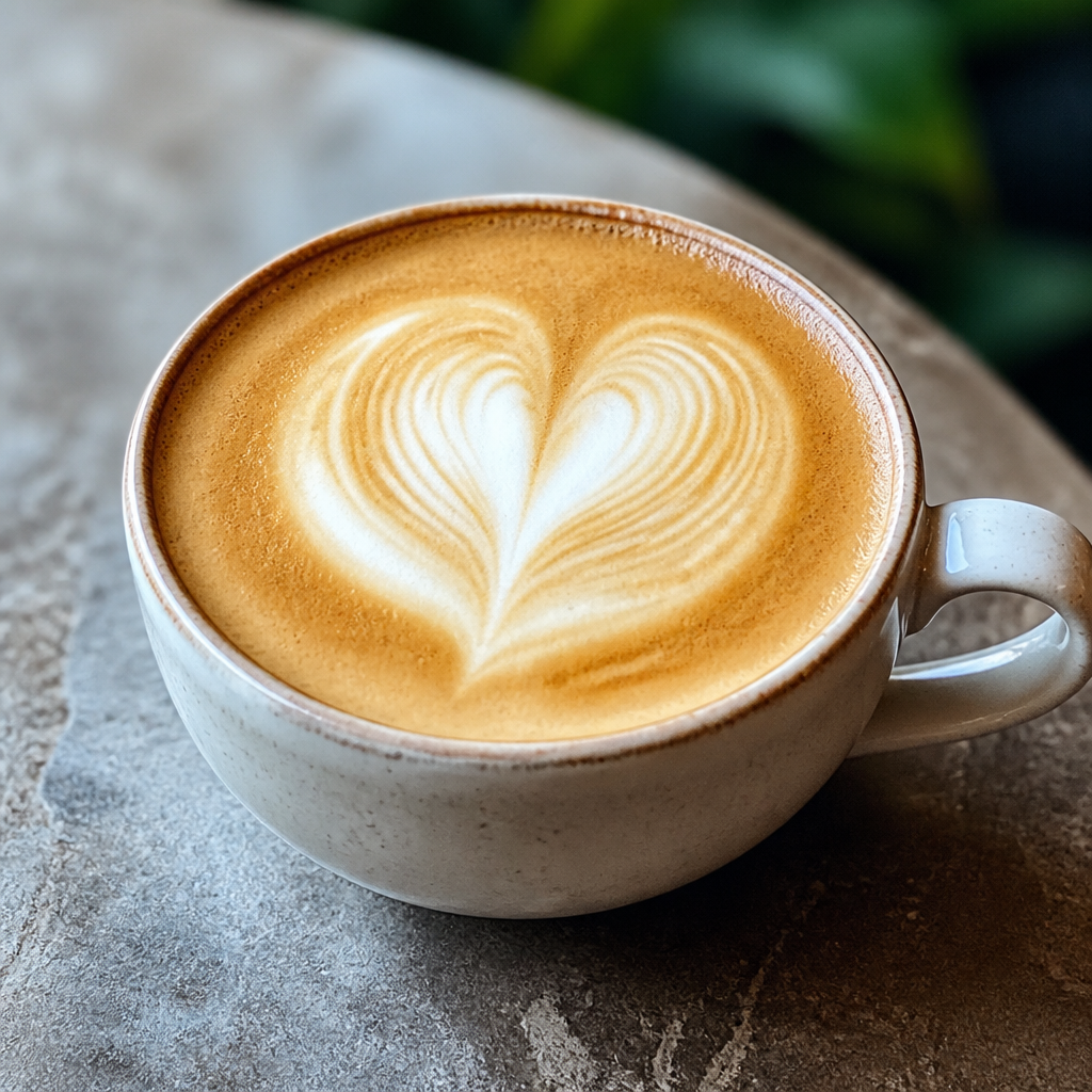 Latte art in a ceramic cup on the café counter