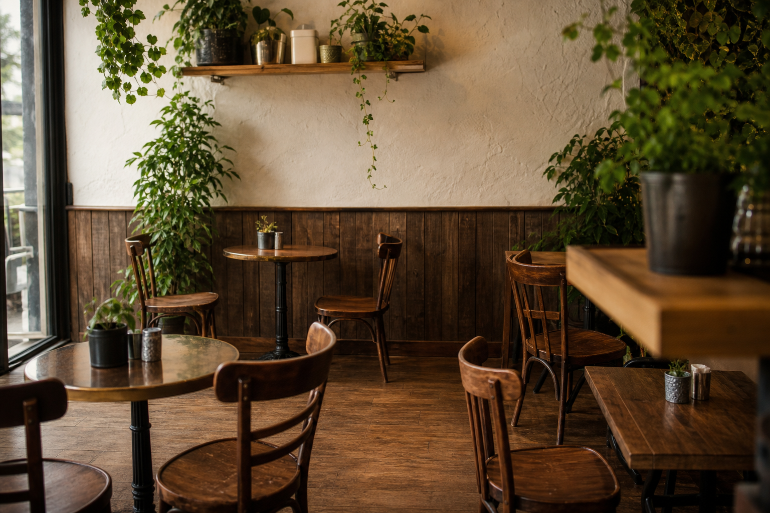 Wooden café seating with plants and soft daylight