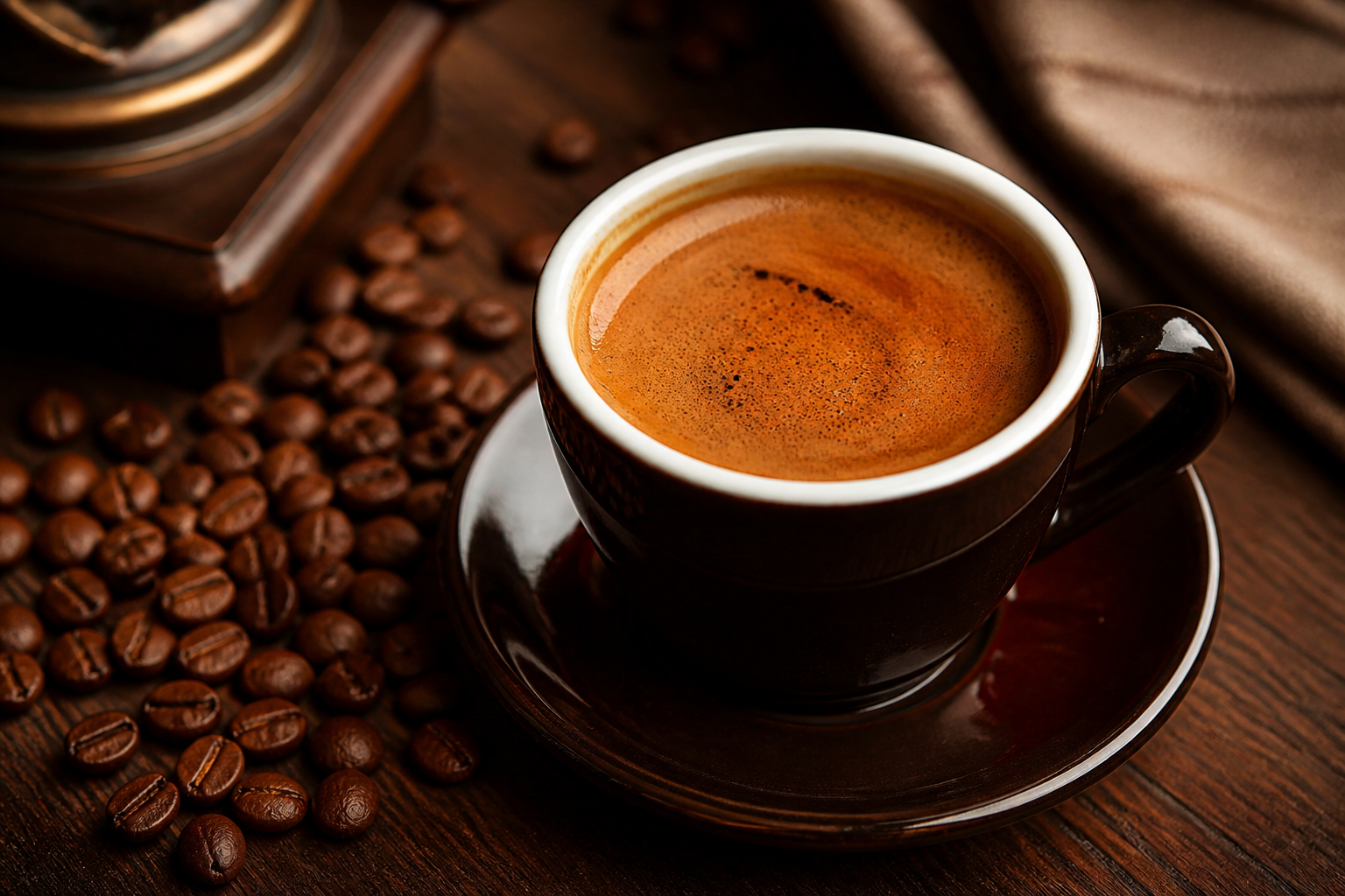 Espresso in a dark ceramic cup surrounded by coffee beans