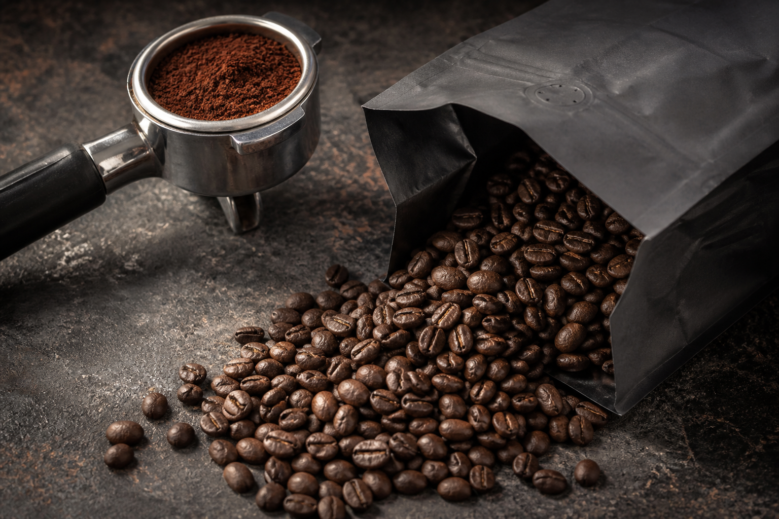 Roasted coffee beans spilling from a black bag beside a portafilter
